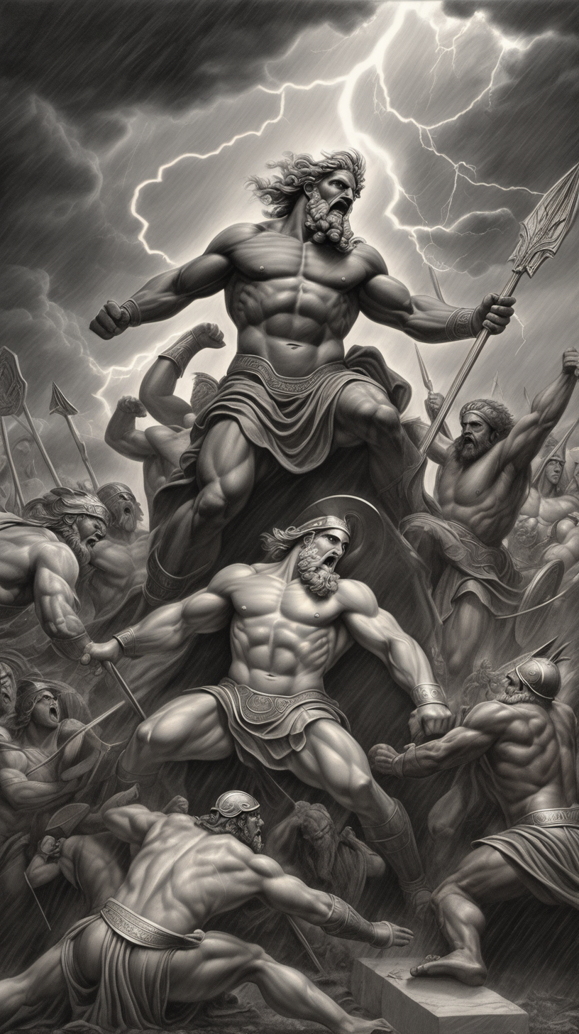 /imagine prompt : a hyper realistic black and gray  drawing, feautering Greek's gods & goddesses greek mytology, titan war scene

-no cut
<background>thunder and lightning
<style>pencil drawing
_ar 9:16