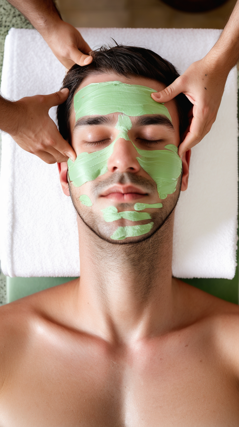 Man getting head massage in spa with green face mask 