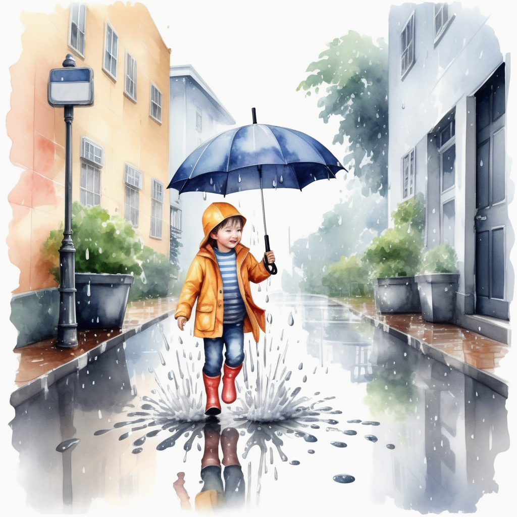 bílé pozadí_vytvoř realistickou ilustraci_která je určena pro děti Deštníky a kaluže: Častější deště znamenají skákání do kaluží a používání deštníků_ akvarelové barvy
