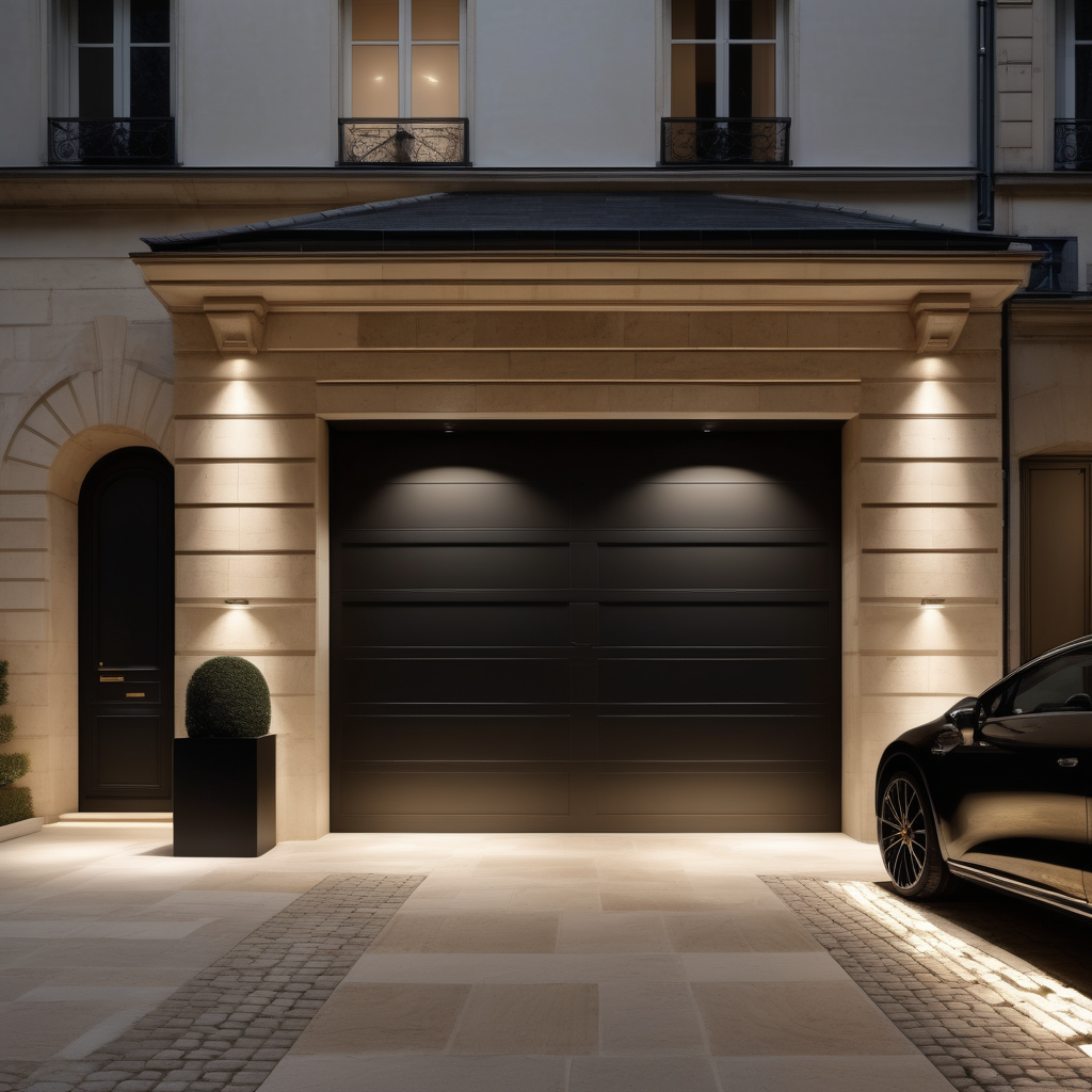 hyperrealistic modern Parisian garage at night; mood lighting;  Limestone pavers; glass wall; beige, oak, brass and black colour palette; 

