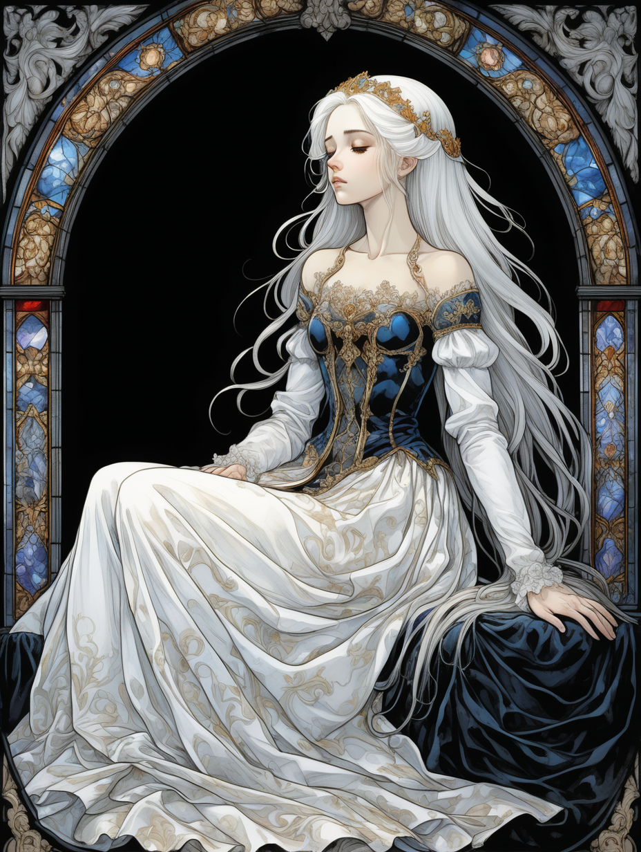 Inspirado en el arte de Elden Ring, una princesa tumbada en una vidriera. El fondo es negro. La princesa mira el suelo. Su vestido es rococo y hay motivos barrocos. Esta triste y su pelo largo y blanco esta rodeando su cuerpo. El estilo artistico es de Yoshitaka Amano.