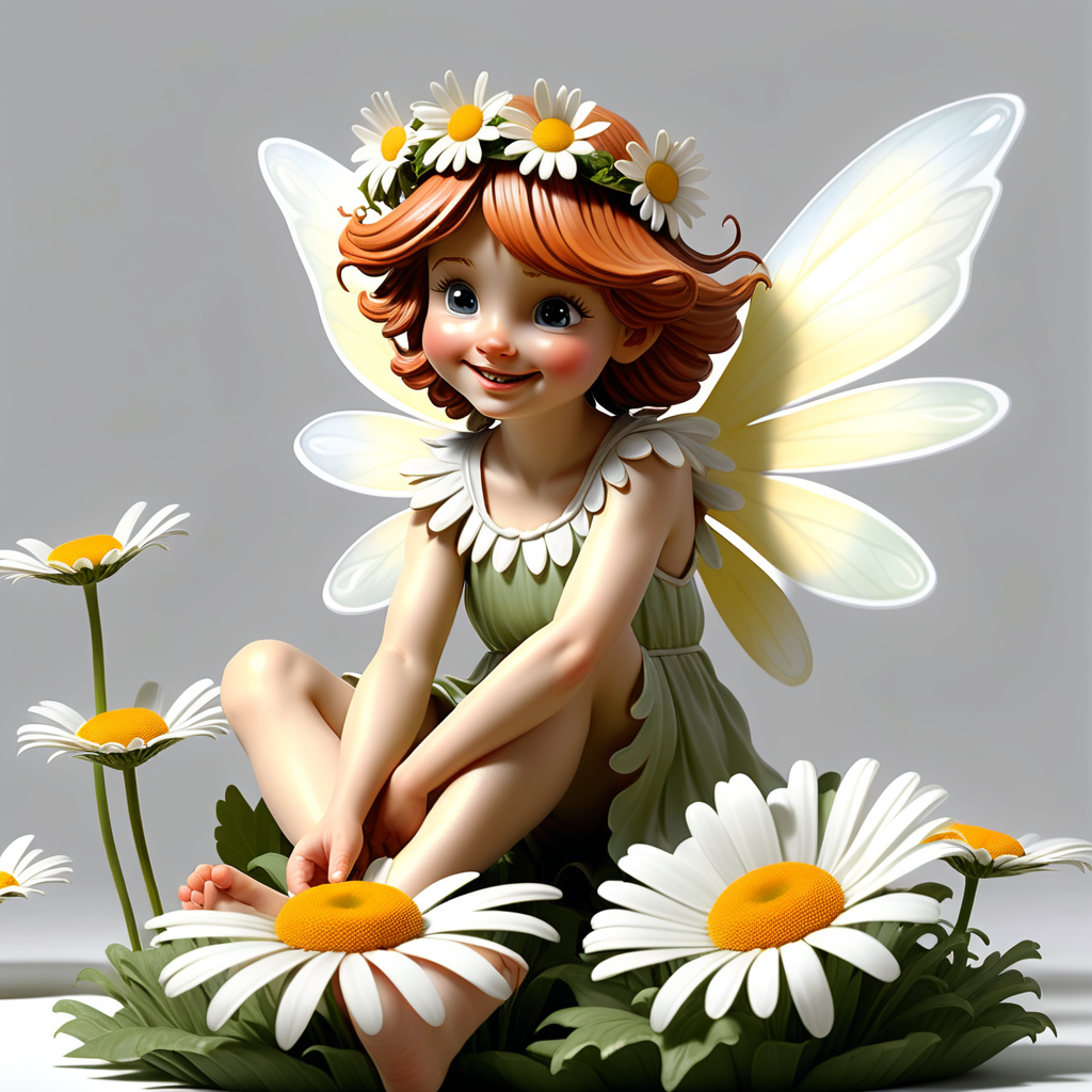  /envision prompt: "Daisy Blossom Fairy" - Picture a fairy sitting on a daisy blossom, surrounded by petals, with a daisy crown and a cheerful expression in the style of Cicely Mary Barker, presented on a simple white background.