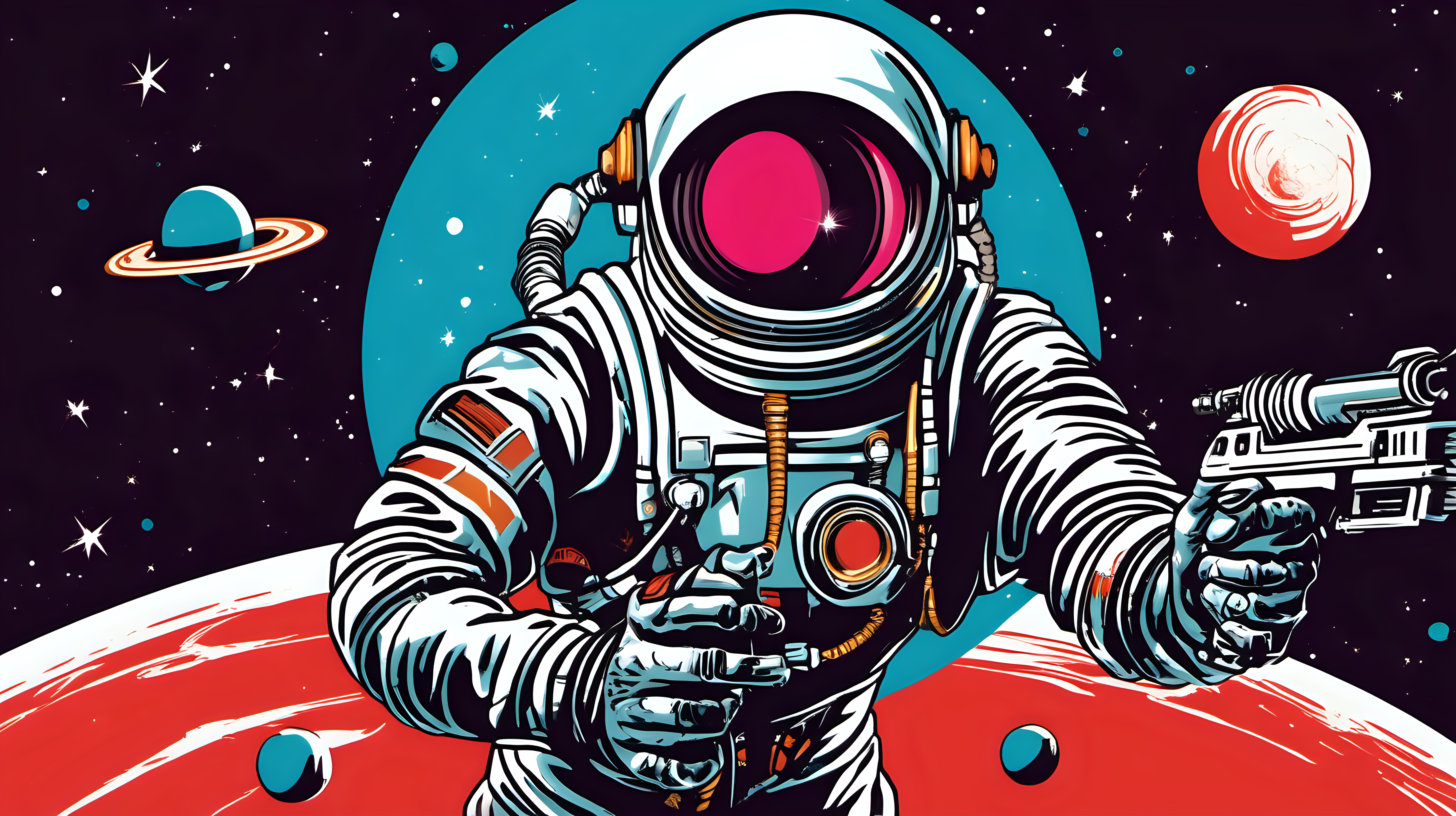 A 1950's-era science fiction spaceman floating in space, holding a laser gun, a ringed planet behind him. Pop Art style.