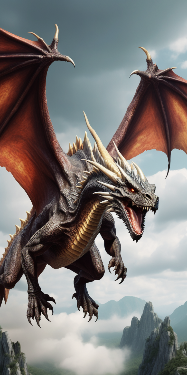 Realistic huge aggressive dragon flying
