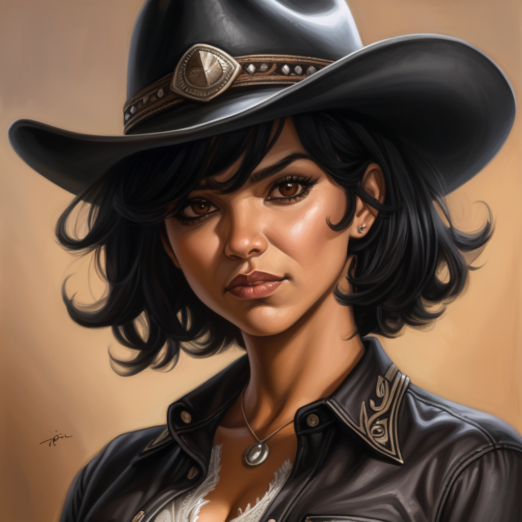 black cowboy hat, black hair, short hair, brown eyes, evil, Latina, female, mature, semi realism, western