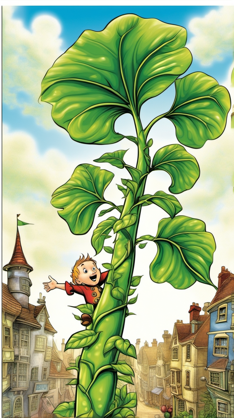 
jack and the beanstalk

Jack looks at the sky and sees a huge beanstalk stretching all the way to the sky.

In a variety of fairy tale styles