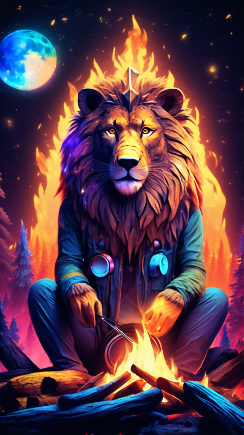 cosmic campfire playing music a lion a bear a wolf an owl
4k good vibes

