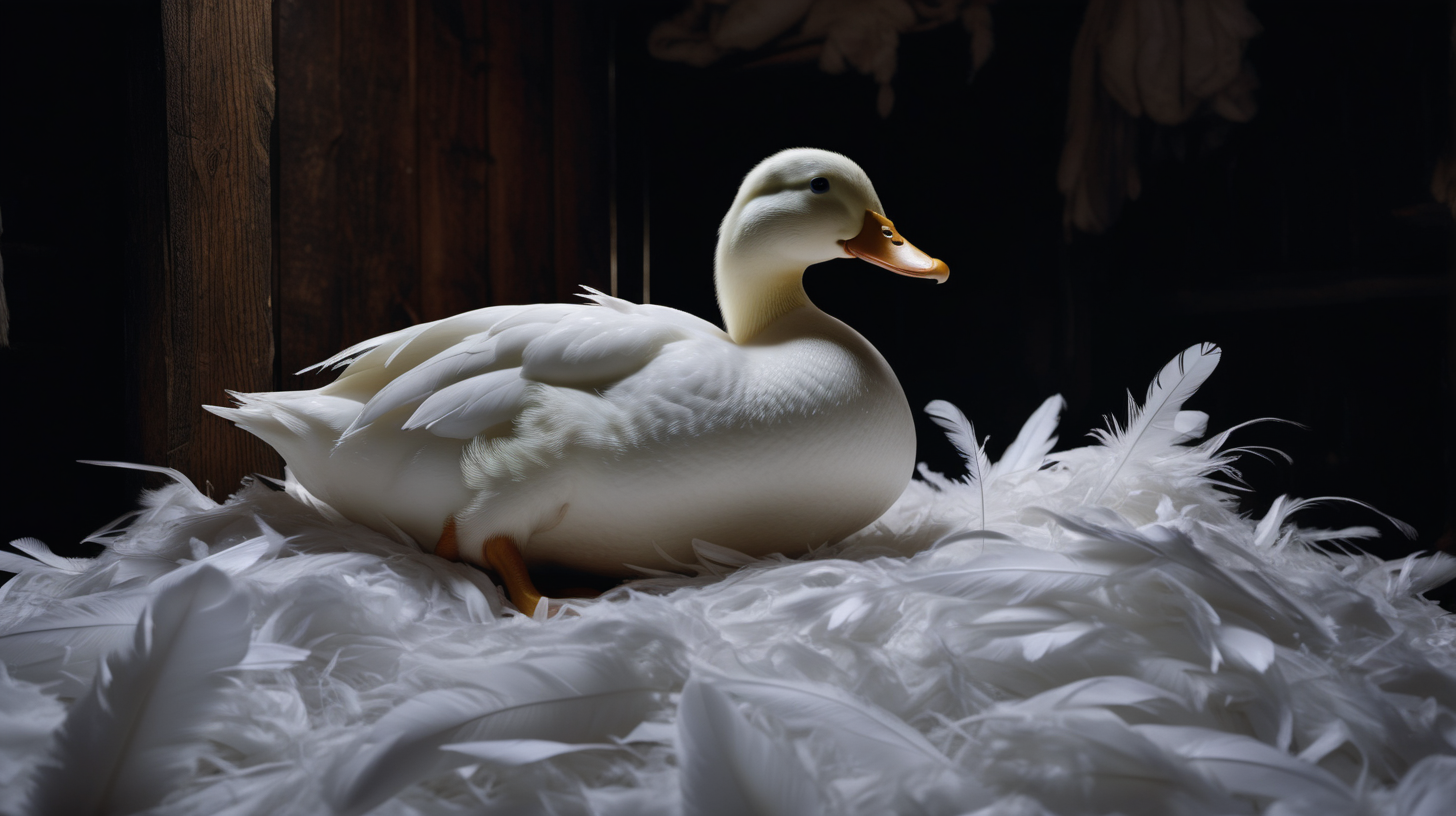 A white duck sitting on top of piles of white feathers in a dark cabin.