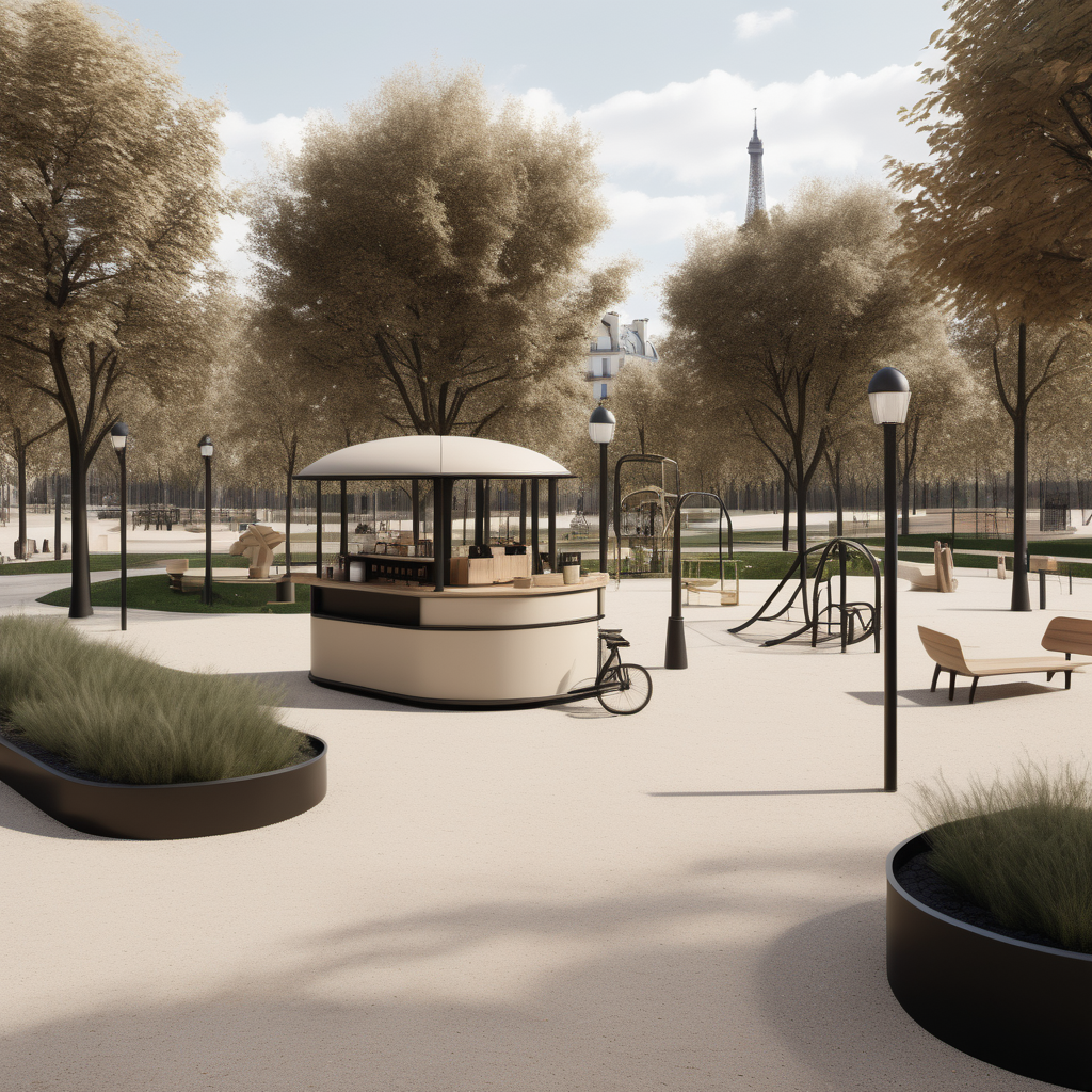hyperrealistic modern Parisian park with coffee cart and playground; beige, oak, brass and black colour palette


