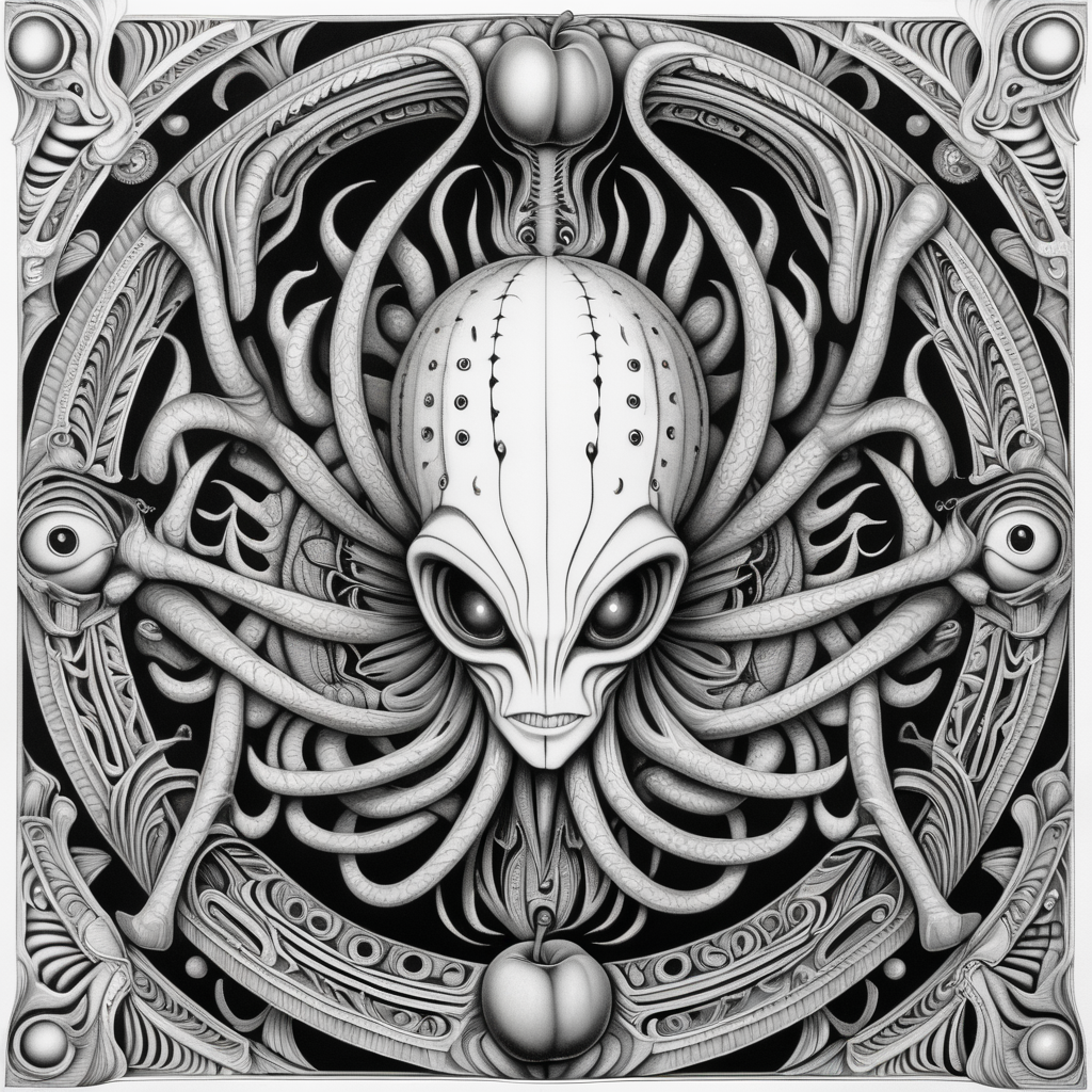 black & white, coloring page, high details, symmetrical mandala, strong lines, alien peach fruit with many eyes in style of H.R Giger