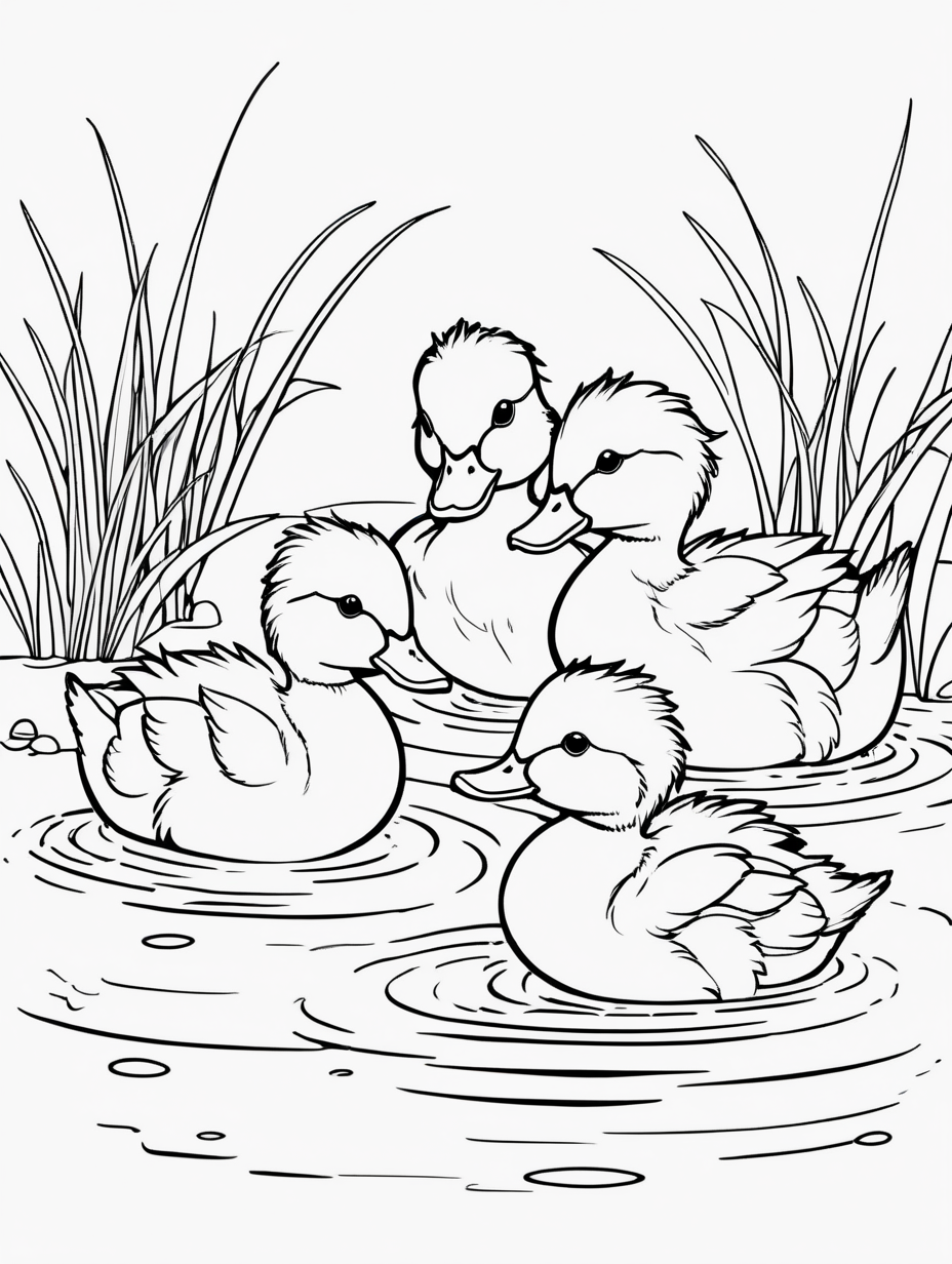 ducklings in water, coloring page, low details, no colors, no shadows