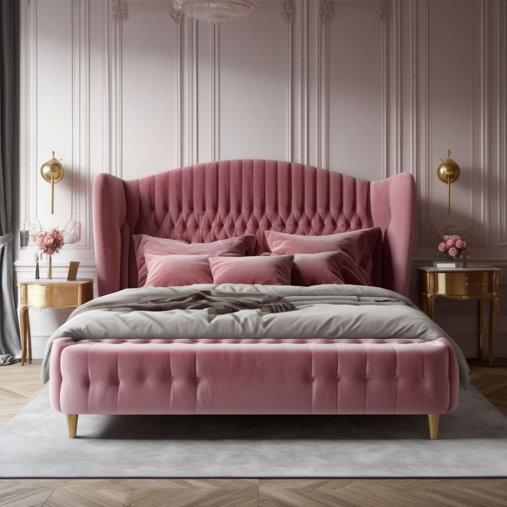 a hyperrealistic image of a velvet modern Parisian  king bed  in dusty rose, oak and brass 
