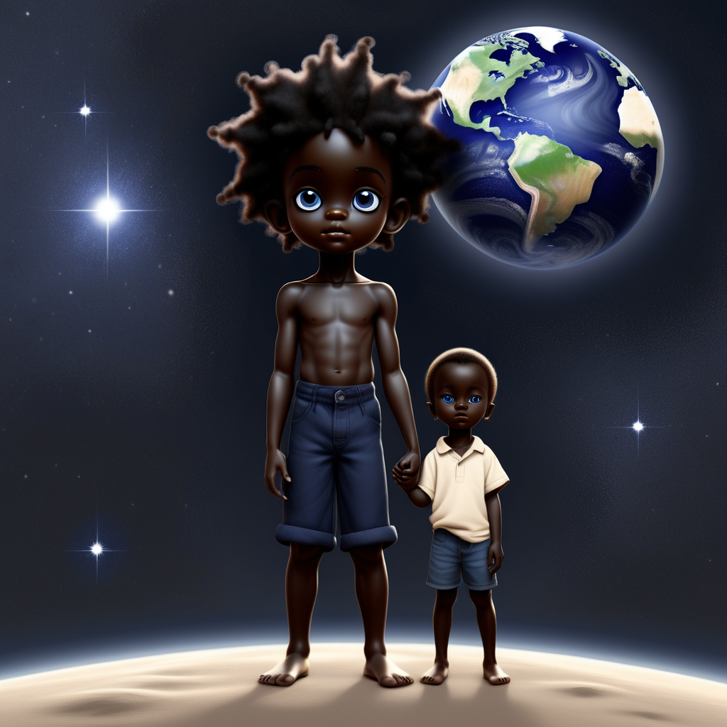 prompt: a black indigo child helping the world with a black star seed child standing by his side helping 