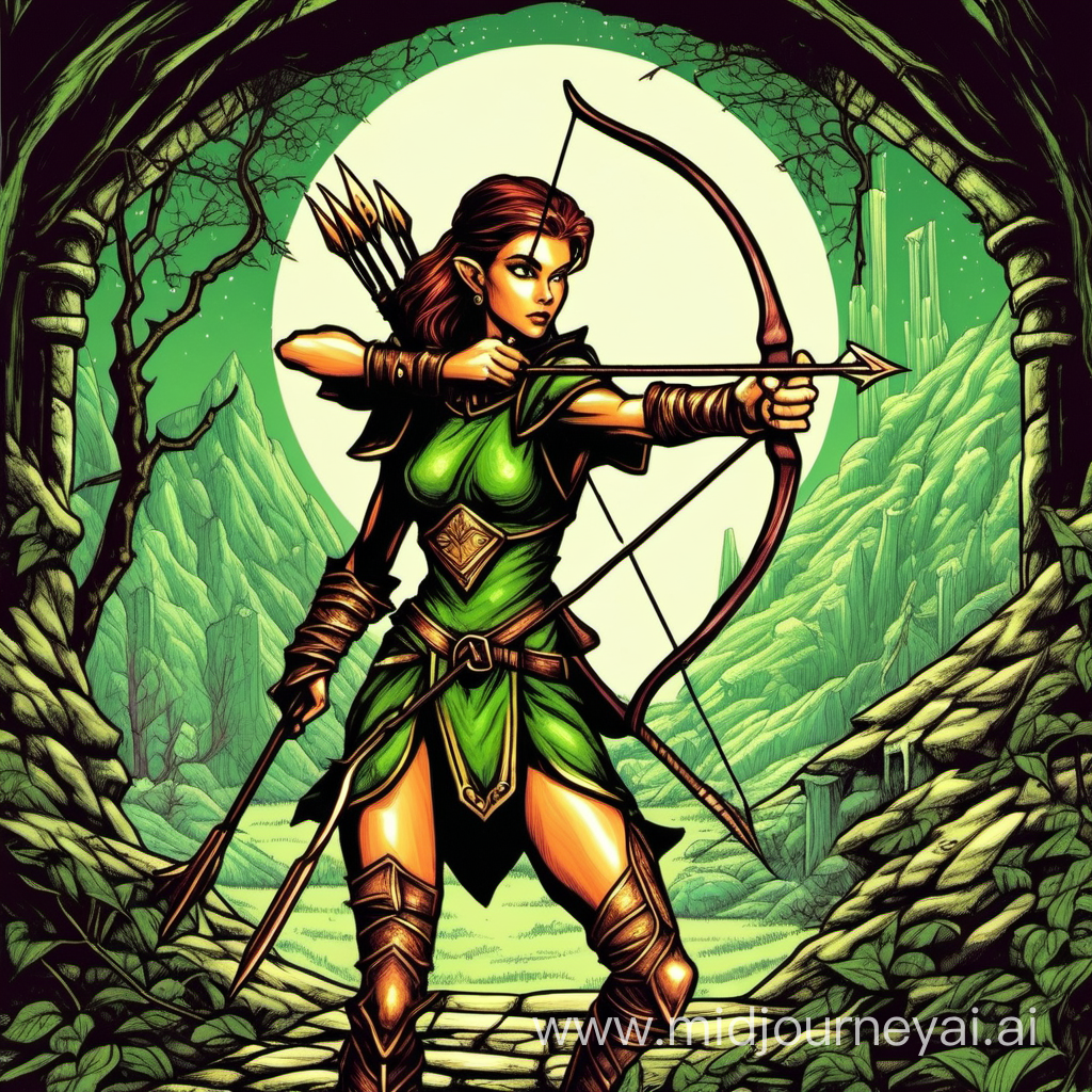 1990's retro fantasy video game art dungeons and dragons style female elf archer with bow and arrow