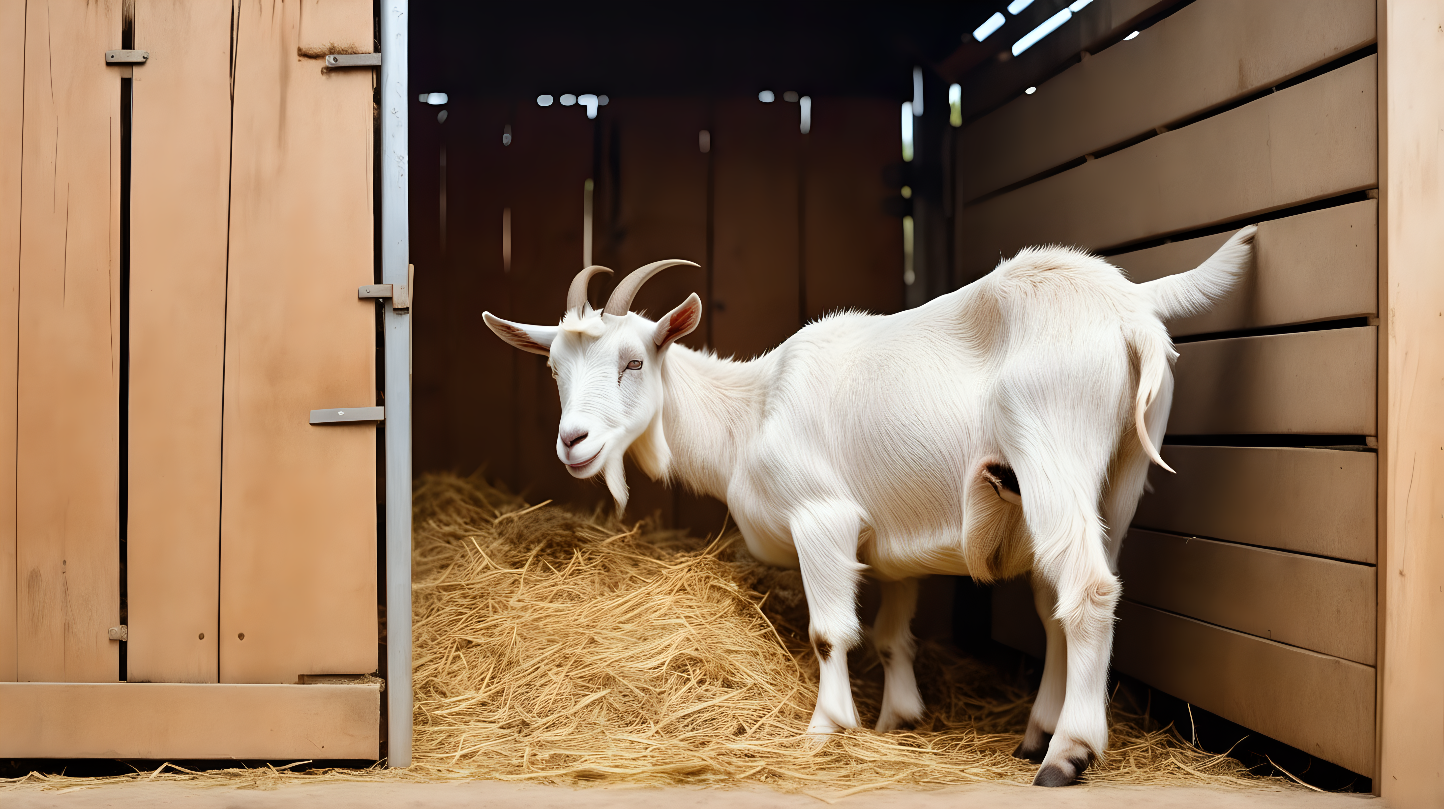 goat eat hay  in stall, modern farm, isolated on background
