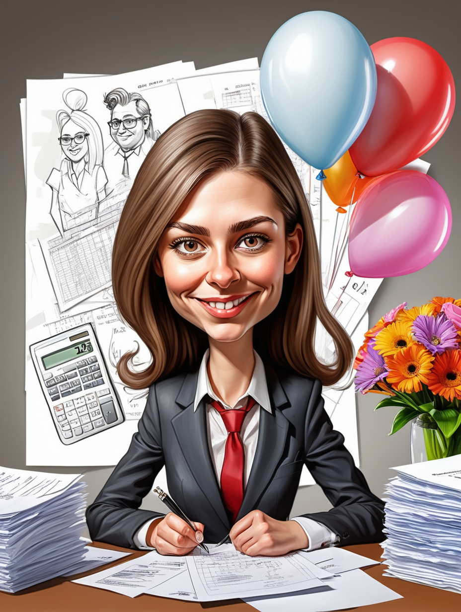 caricature with a girl how is an accountant. I want her to be in a big office with flower and ballons. A cake with a 26 on top and many papers behind