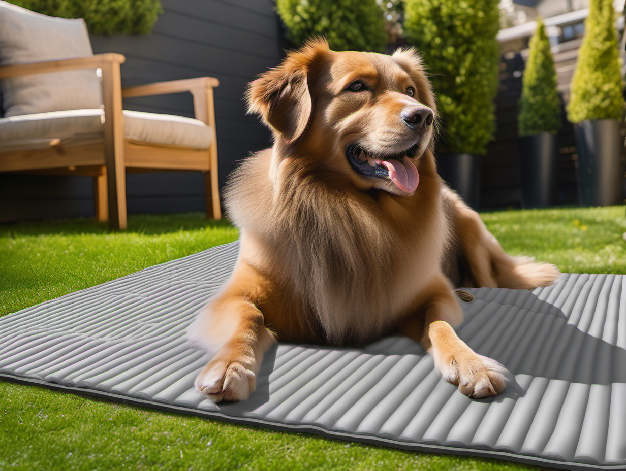 Create an image of a dog relaxing on the PVC outdoor dog mat, outdoors on the backyard. The mat color is dark grey. The dog is of a large size, looks happy and relaxed, with the tongue out, laying on the mat sideways to the camera, looking to the right, turned away from the camera. The color of dog is grey. The dog mat is placed outdoors on the backyard terrace. The weather outside is bright and sunny.
