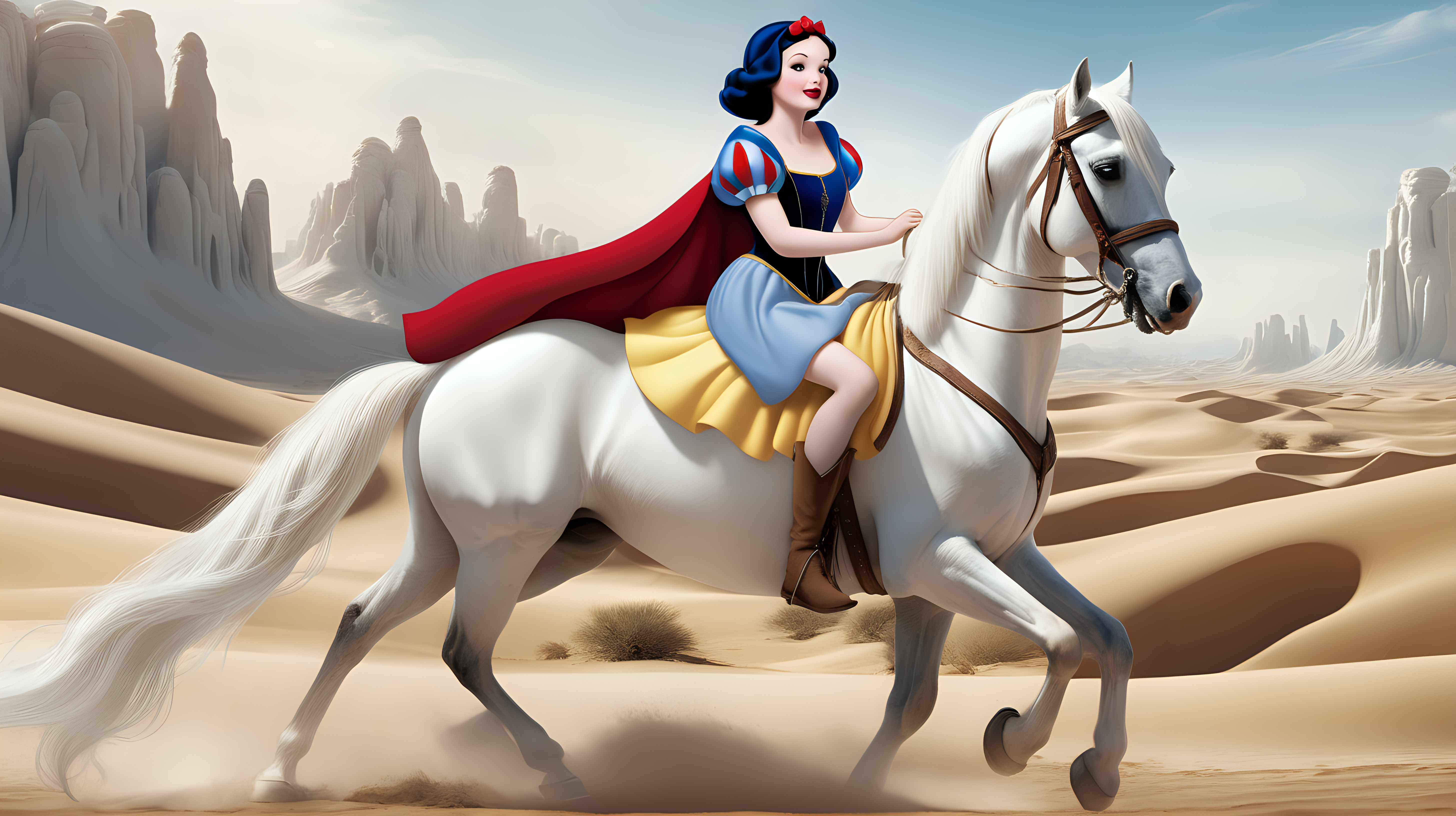 Snow White riding a white horse in the