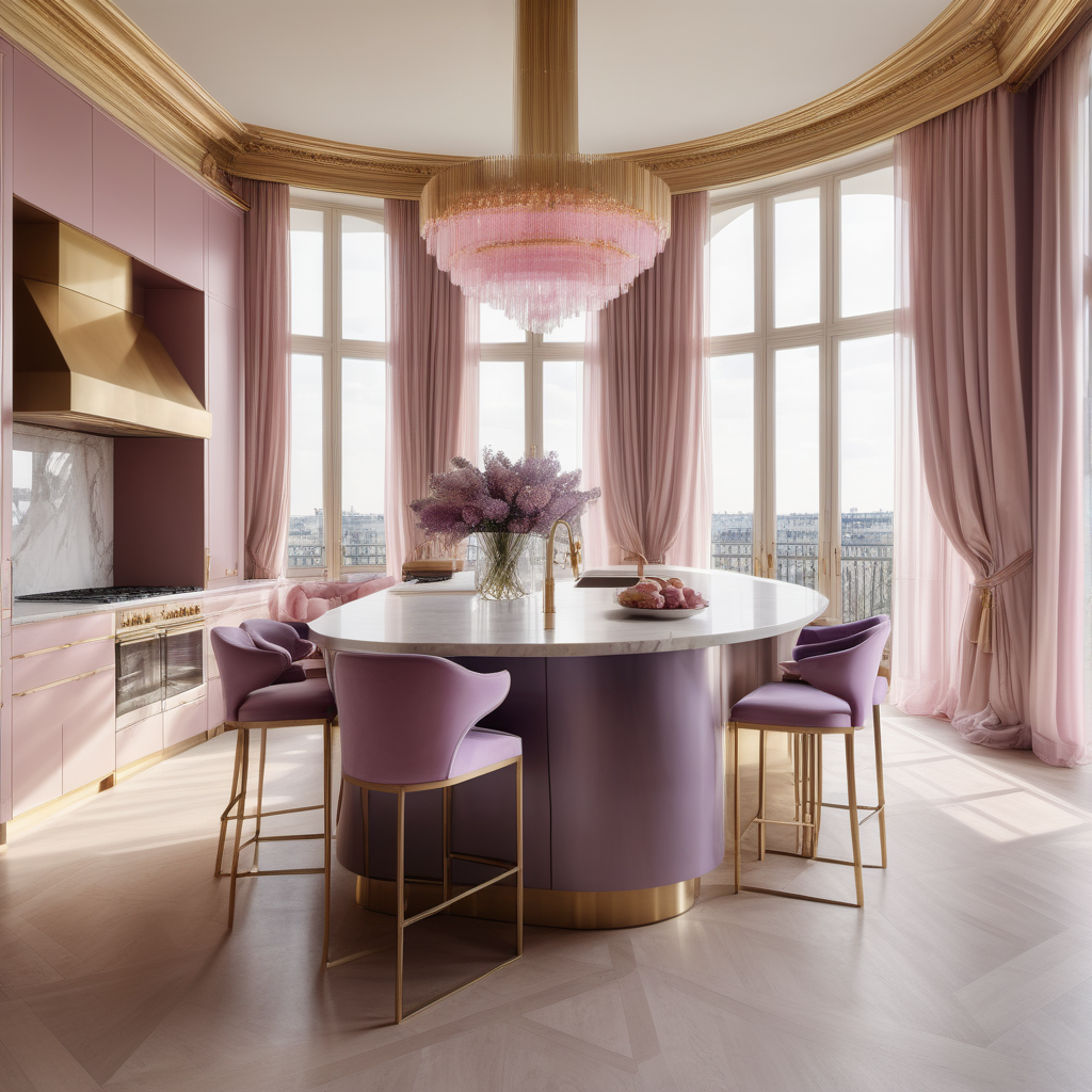 hyperrealistic image of large modern Parisian kitchen with island, floor to ceiling windows, curves, beige, pink, lilac and brass colour palette, brass chandelier, sheer curtains