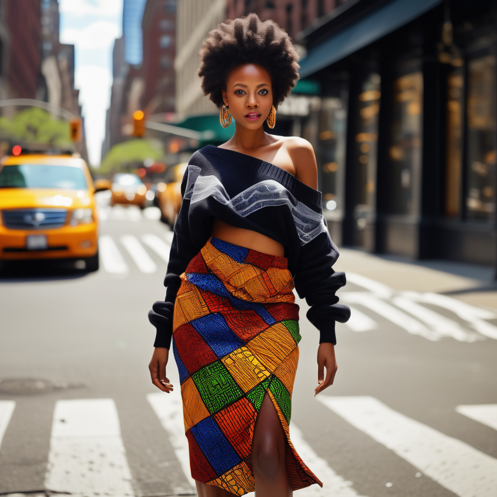 Beautiful Black African woman, wearing a multi color African print Skirt, wearing an asymetrical style, wide neck sweater that drapes off one shoulder, down to the ankles,  Vibrant images that represent African heritage, In downtown Manhattan 4k, high definition, high resolution, light source from above right