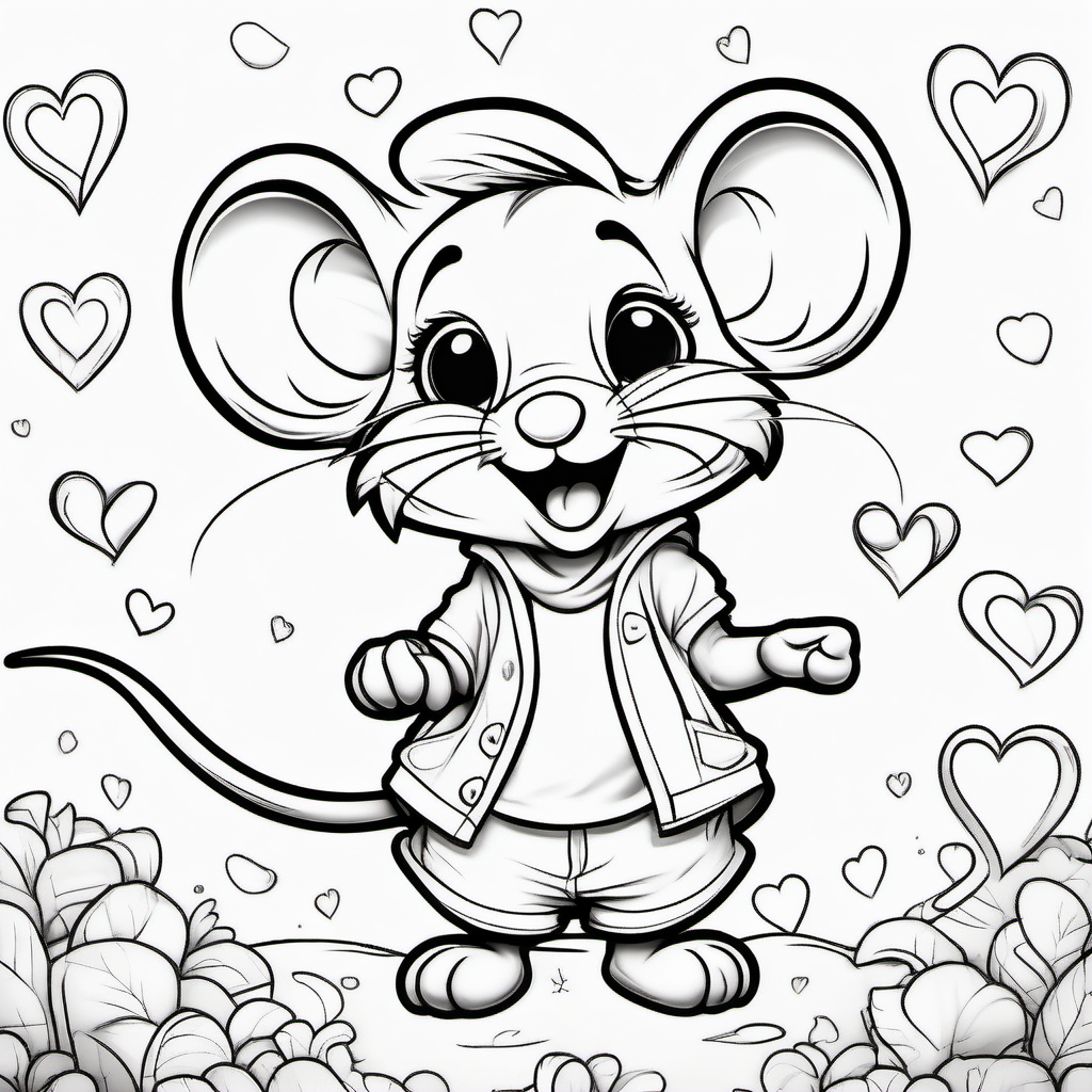 super Adorable little mouse line art coloring book page, valentine hearts, black and white, sweet smile, character full body, so cute, excited, big bright eyes, shiny and fluffy,
fairytale, energetic, playful, incredibly high detail, 16k, octane rendering, gorgeous, ultra wide angle.
