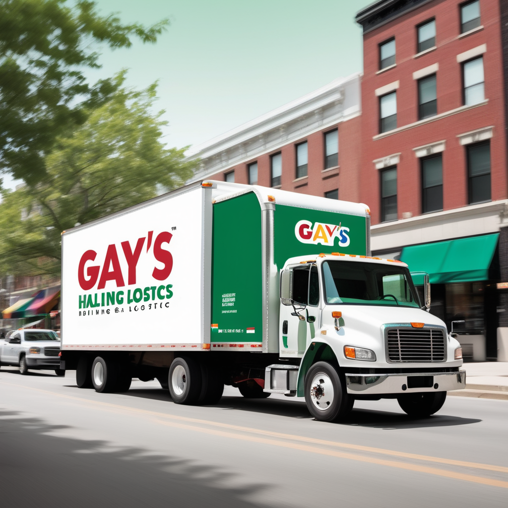 create a logo with a box truck white and a dump truck red and Green  riding down the street " Gay's Hauling & Logistics
" in green and white bold letters 