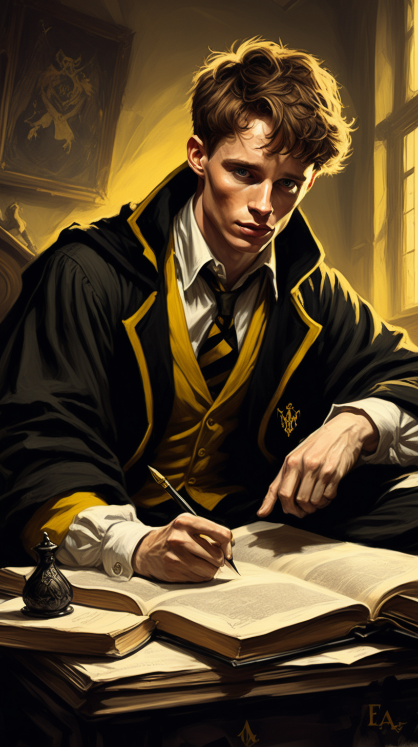 Create a dark fantasy art illustration,  frank frazetta style, of Eddie Redmayne, as a Hogwwarts Hufflepuff student studying on bed