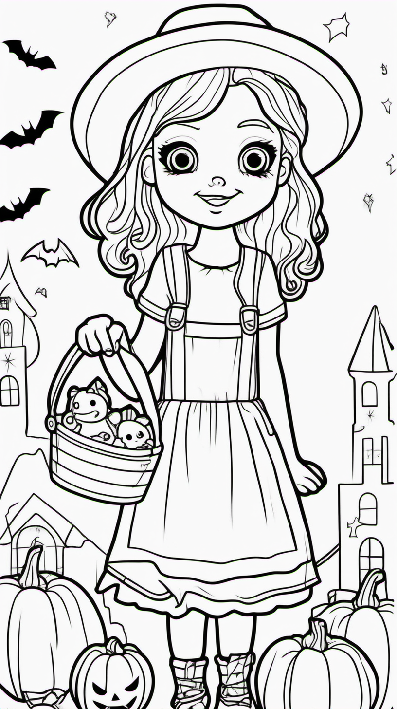 A children's coloring book about a white girl holding a doll and a girl celebrating Halloween happily. 80 pages. The background is in white color and without shadow and the black drawing is a fine line.