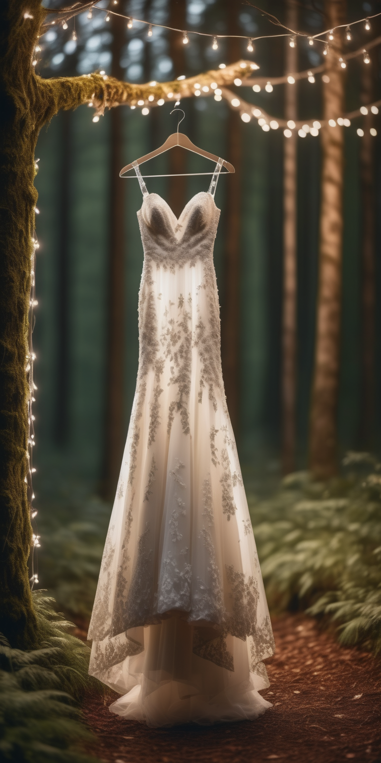 Gorgeous wedding dress on a clothes hanger, hung on a tree, surrounded by lights, bokeh background, in a beautiful forest wedding,  ultra high detail, straight on shot
