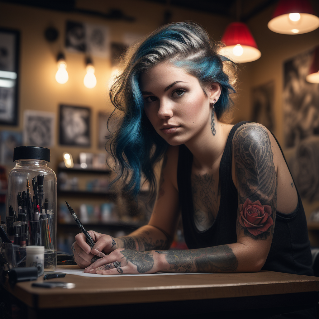 /imagine prompt : An ultra-realistic photograph captured with a canon 5d mark III camera, equipped with an 85mm lens at F 1.8 aperture setting, portraying a tattoo artist drawing a tattoo flash on desktop
<location>tattoo shop
The background is beautifully blurred, highlighting the subject.
Soft spot light gracefully illuminates the subject’s face and hair, casting a dreamlike glow. The image, shot in high resolution and a 16:9 aspect ratio, captures the subject’s natural beauty and personality with stunning realism –ar 16:9 –v 5.2 –style raw