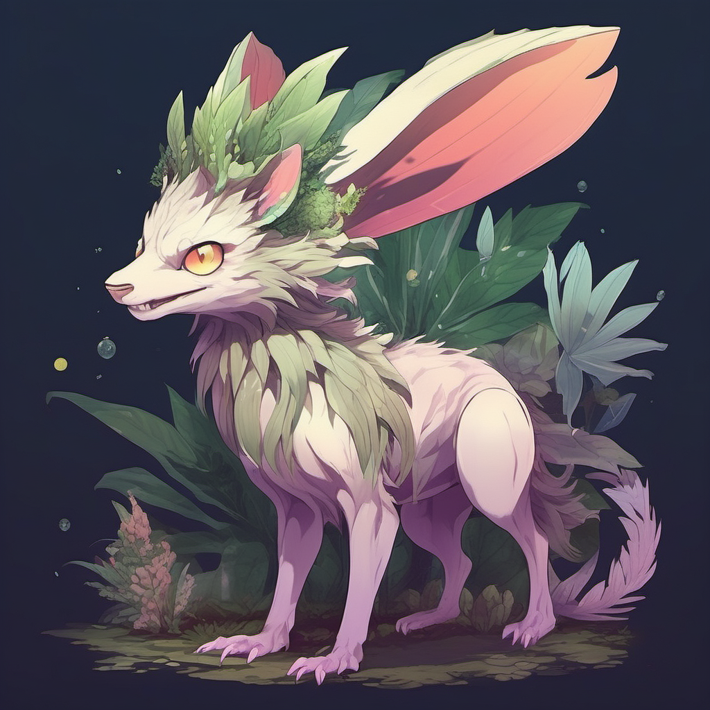 n anime manga style, fantastical, mythological,  cute animal plant hybrid like creatures from another world 