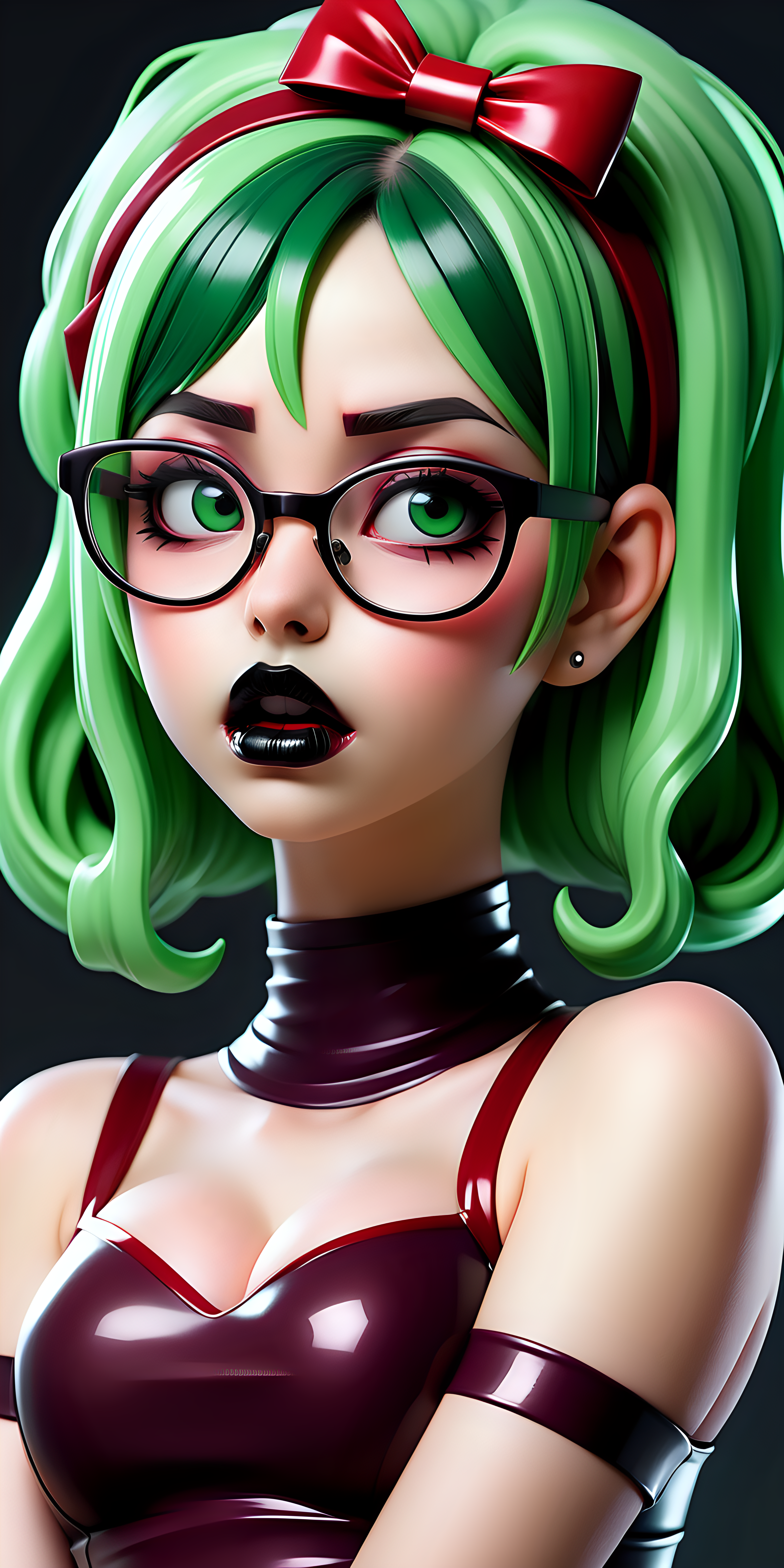 Anime Woman with green hair large lips with