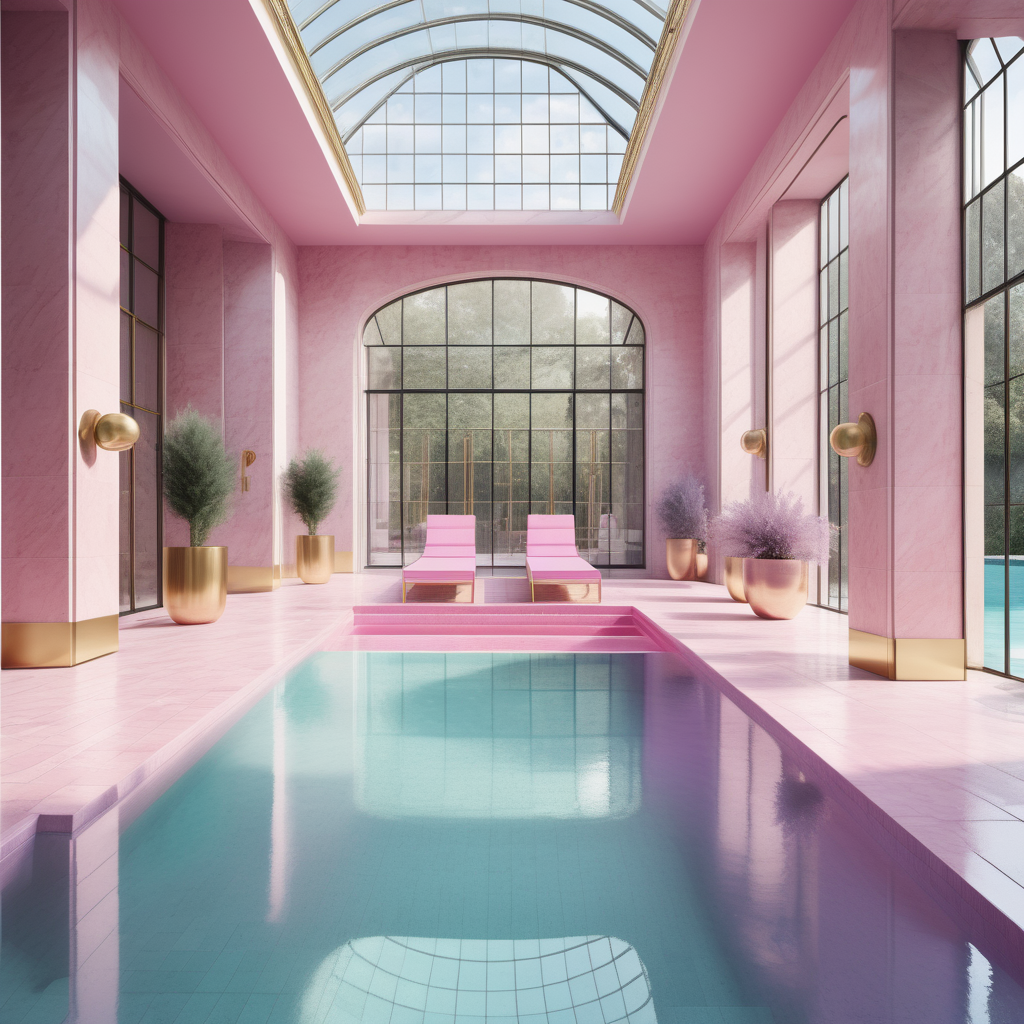 hyperrealistic image of modern Parisian  indoor pool, sunbeds, in an aqua, pink, lilac and brass colour palette, limestone pavers, floor to ceiling windows