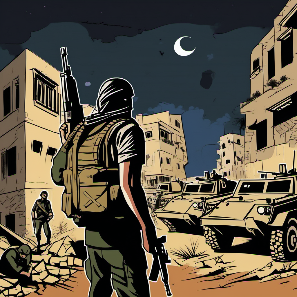 Resistance Operations: A covert, night-time scene in Gaza, portrayed in a style reminiscent of revolutionary propaganda art, emphasizing the determination and strategy of resistance movements.