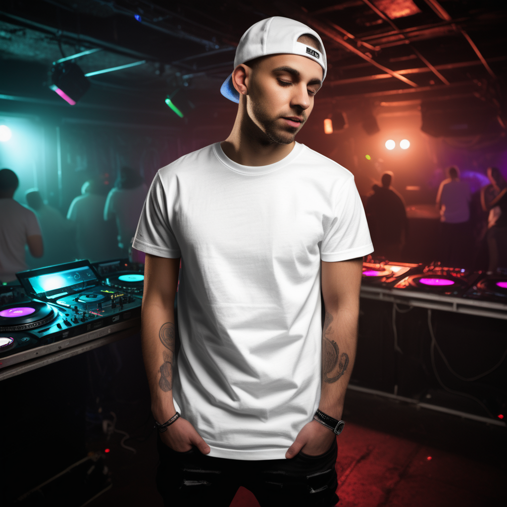  image mock up of plain white tshirt being worn by a dj in an underground hip hop club 