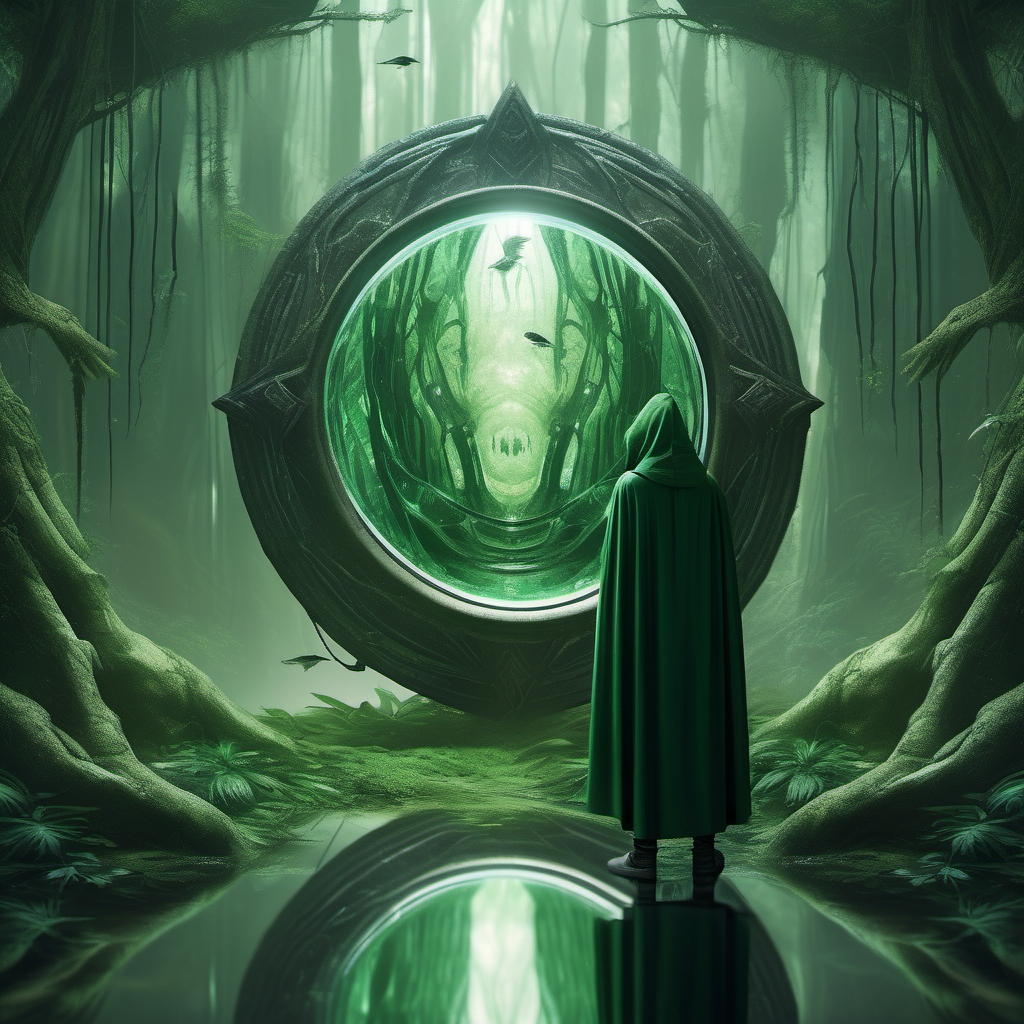a hooded entity with a tribal cloak looking into a giant dimensional mirror portal which subtly shows a reflection which is similar yet dark, eerie and different, environment is a huge green futuristic jungle with a few small birds. Distant POV
