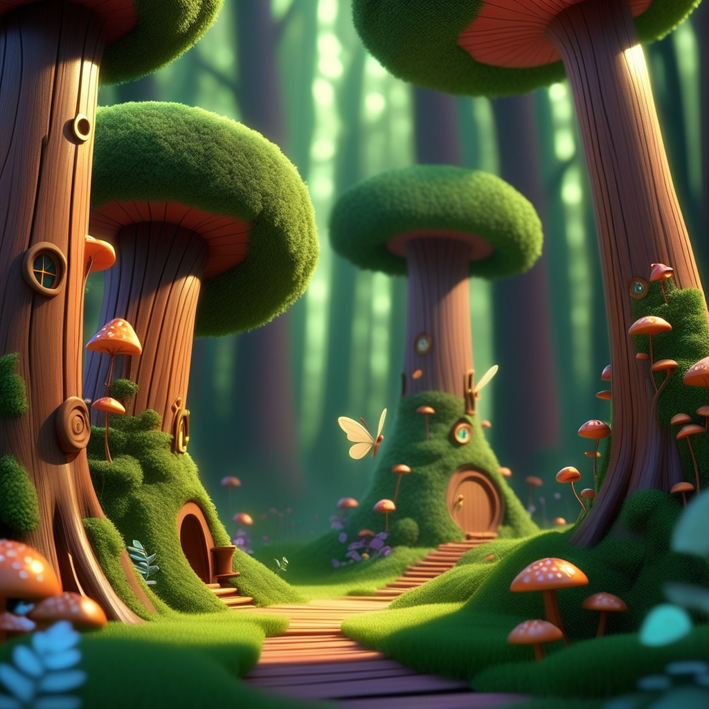 /envision prompt:Craft a mesmerizing forest scene with towering trees and hidden nooks where fairies dwell. Utilize the brilliance of Pixar's 3D animation to make the forest feel alive and full of wonder.   --v 5 --stylize 1000