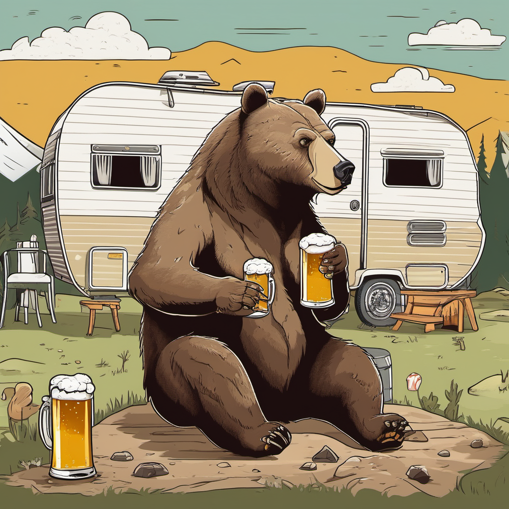 A bear drinking a beer in front of the caravan