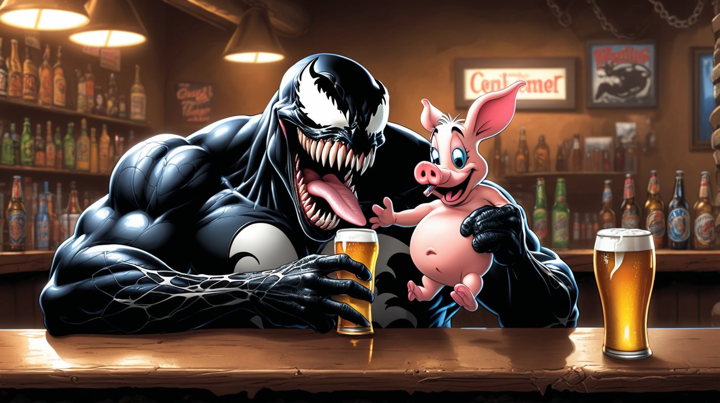 Venom drinking a beer at a bar with porky pig