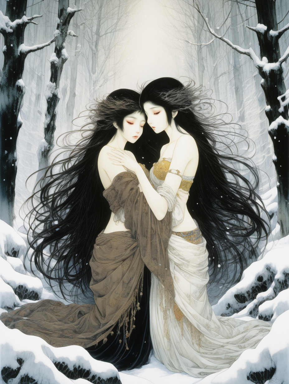 El estilo artístico es de Amano con técnicas de pintura de Miguel Angel. Son dos chicas, una de pelo marrón oscuro y la otra de color negro , se abrazan en posición fetal y sus pelos la cubren. están en un bosque con nieve 