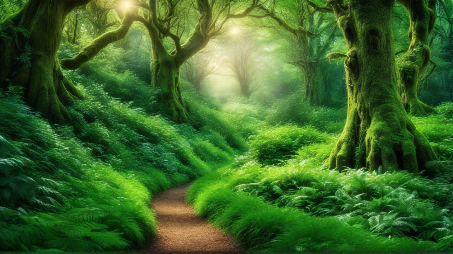 a magical beautiful lush green enchanted forest