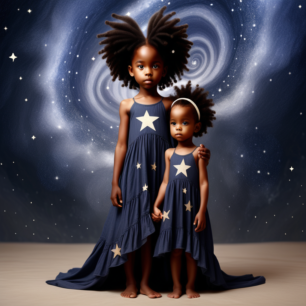 prompt: a black women indigo child with a dress on helping the world with a black women star seed child standing by his side helping  they are twins but different with stars all around them
 
