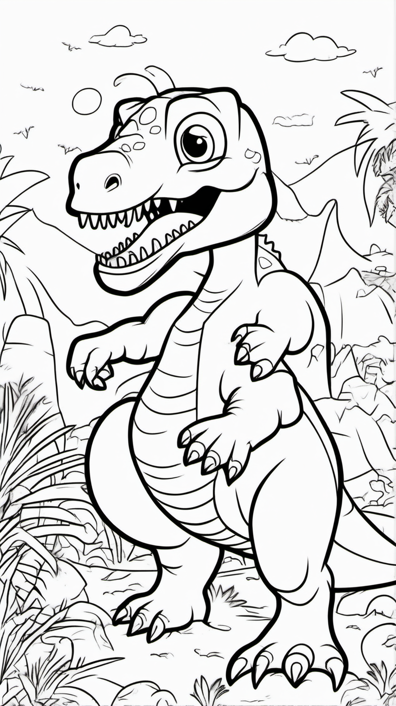 Create a funny coloring book for children about a dinosaur at a Halloween party. The background will be white and without shadows, and the drawing will be black in fine line without shadows