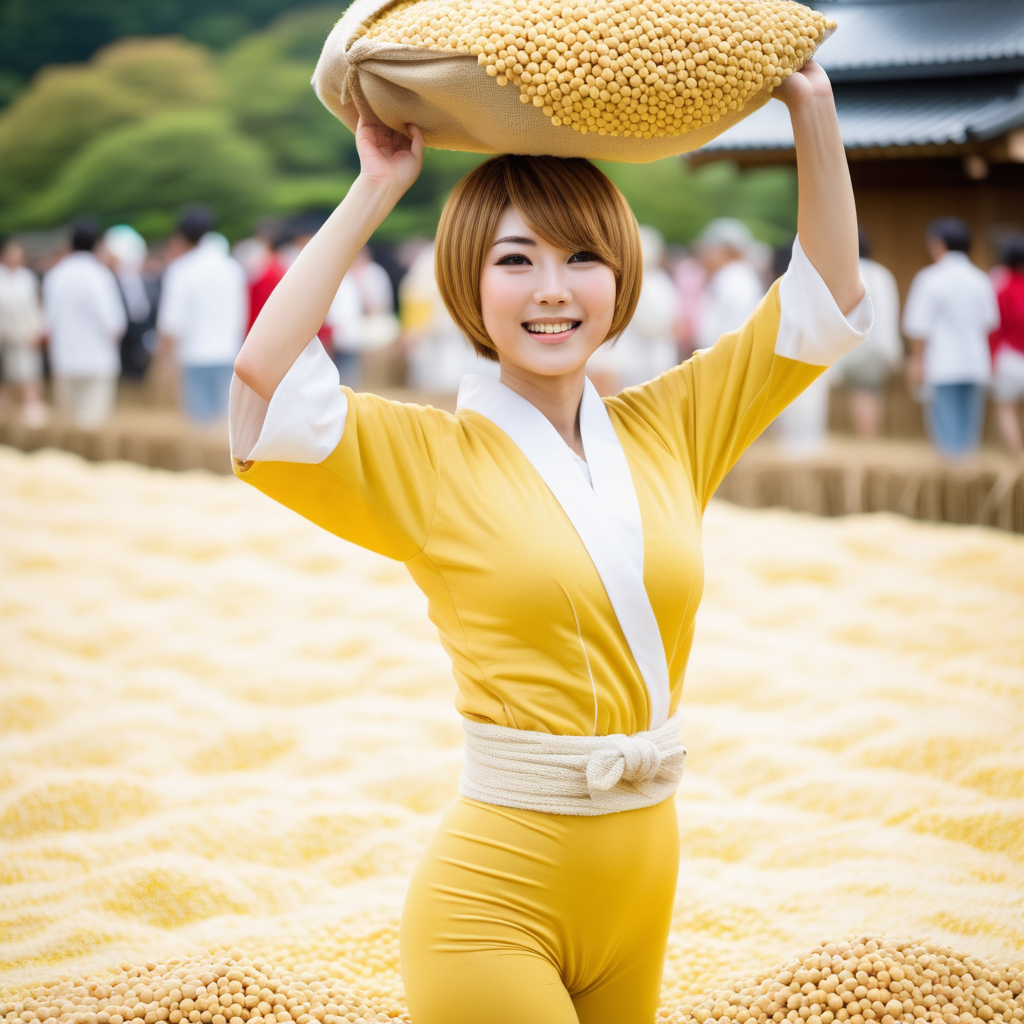 beautiful Japanese woman, short hair, skintight yellow and white costume, soy bean bag, throwing soy beans, Japan, festival, day