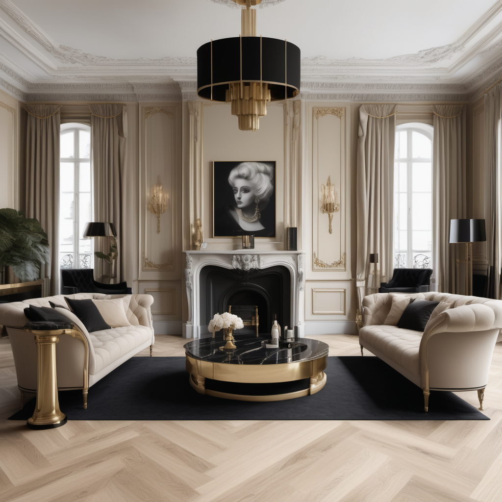 A hyperrealistic image of a palatial modern Parisian  in a beige oak brass colour palette with accents of black 
