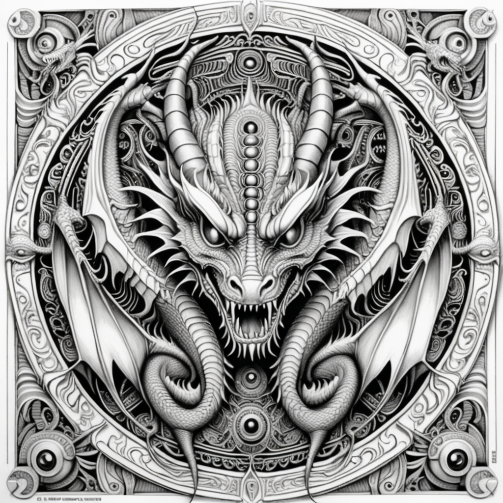 black & white, coloring page, high details, symmetrical mandala, strong lines, dragon with many eyes in style of H.R Giger