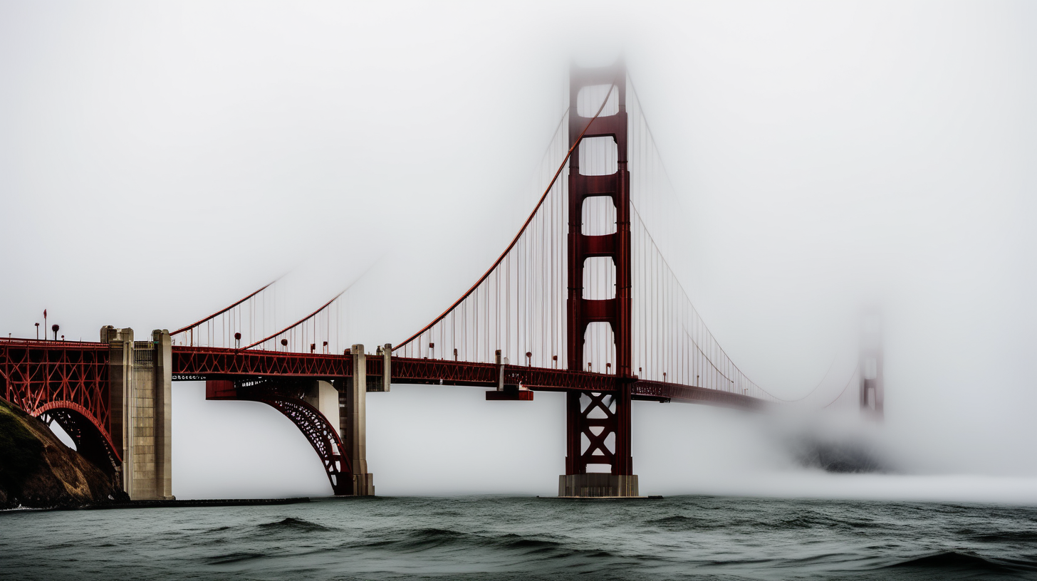 Golden Gate bridge shrouded in fog sea serpent in water