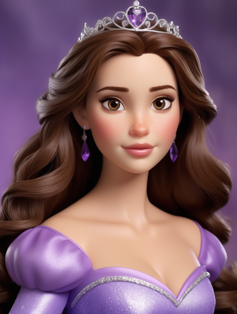 a very beautiful realistic disney princess brown hair mature sculpted face hazel eyes wearing a long sleeve violet dress