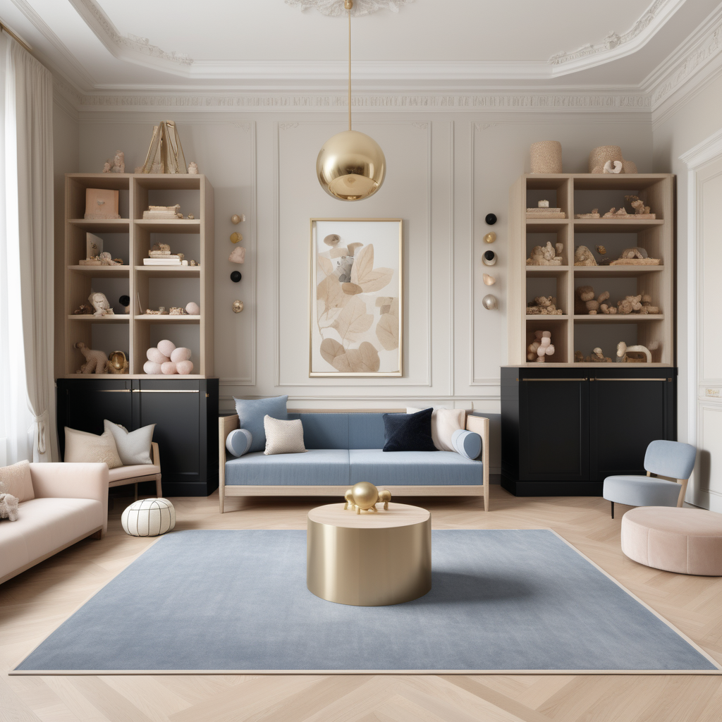A hyperrealistic image of a luxurious modern Parisian Montessori-inspired play room in a beige oak brass colour palette with accents of black and soft muted blue

