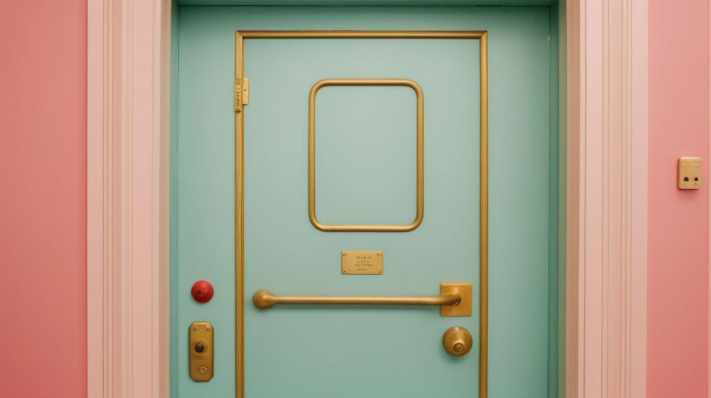close up, high quality photograph of an office door in the style of a wes anderson movie
